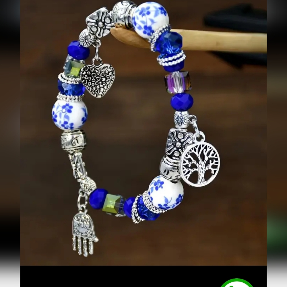 Blue & White Porcelain Ceramic Stretch Charm Bracelet, NWT